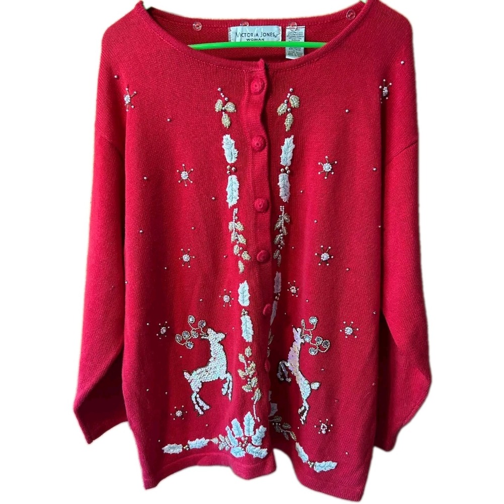 Victoria Jones 1X Red Christmas Sweater Button Up Sequins Beads Reindeer Kitsch